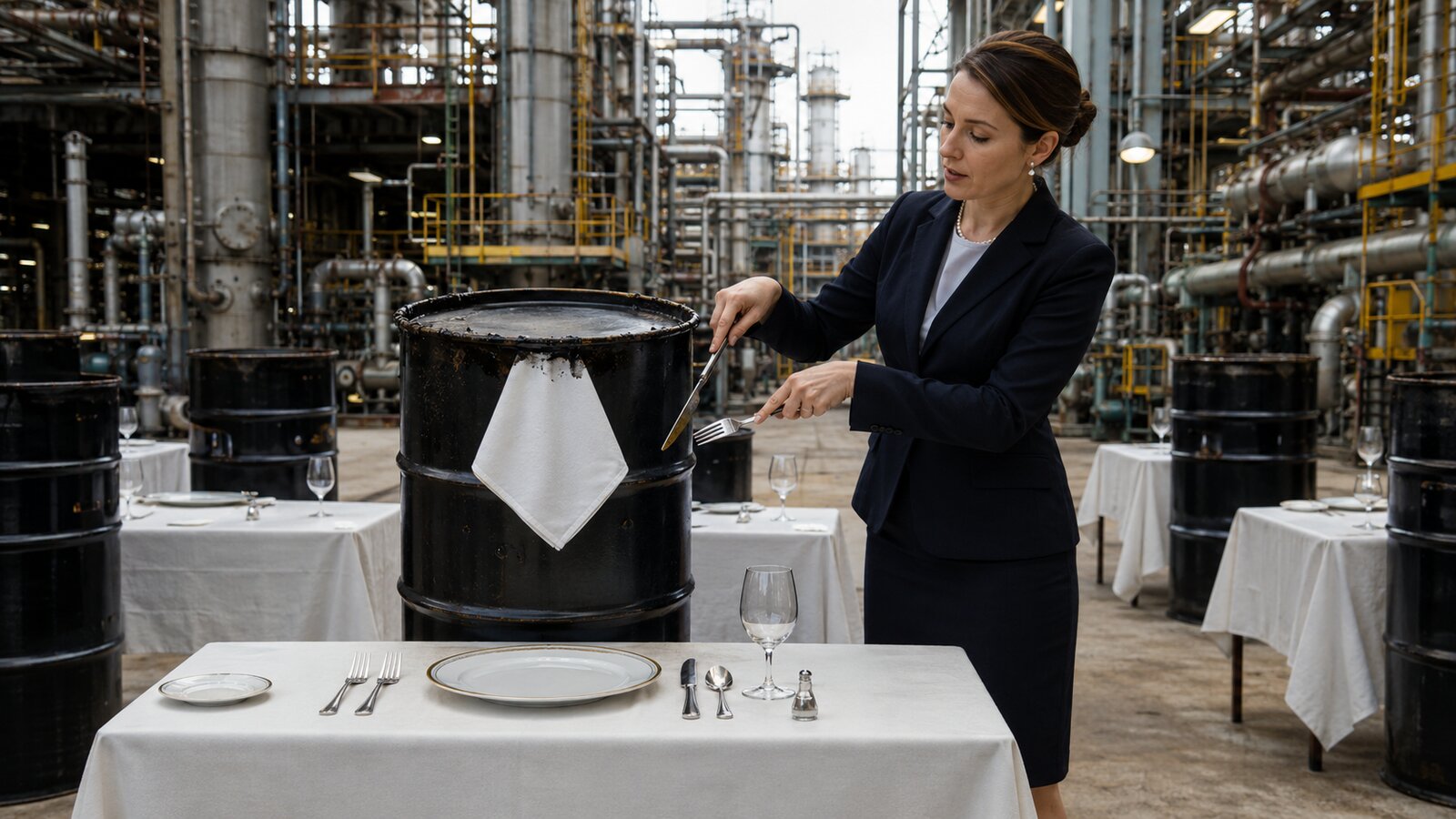A barrel of crude oil receiving an etiquette lesson inside an industrial refinery.